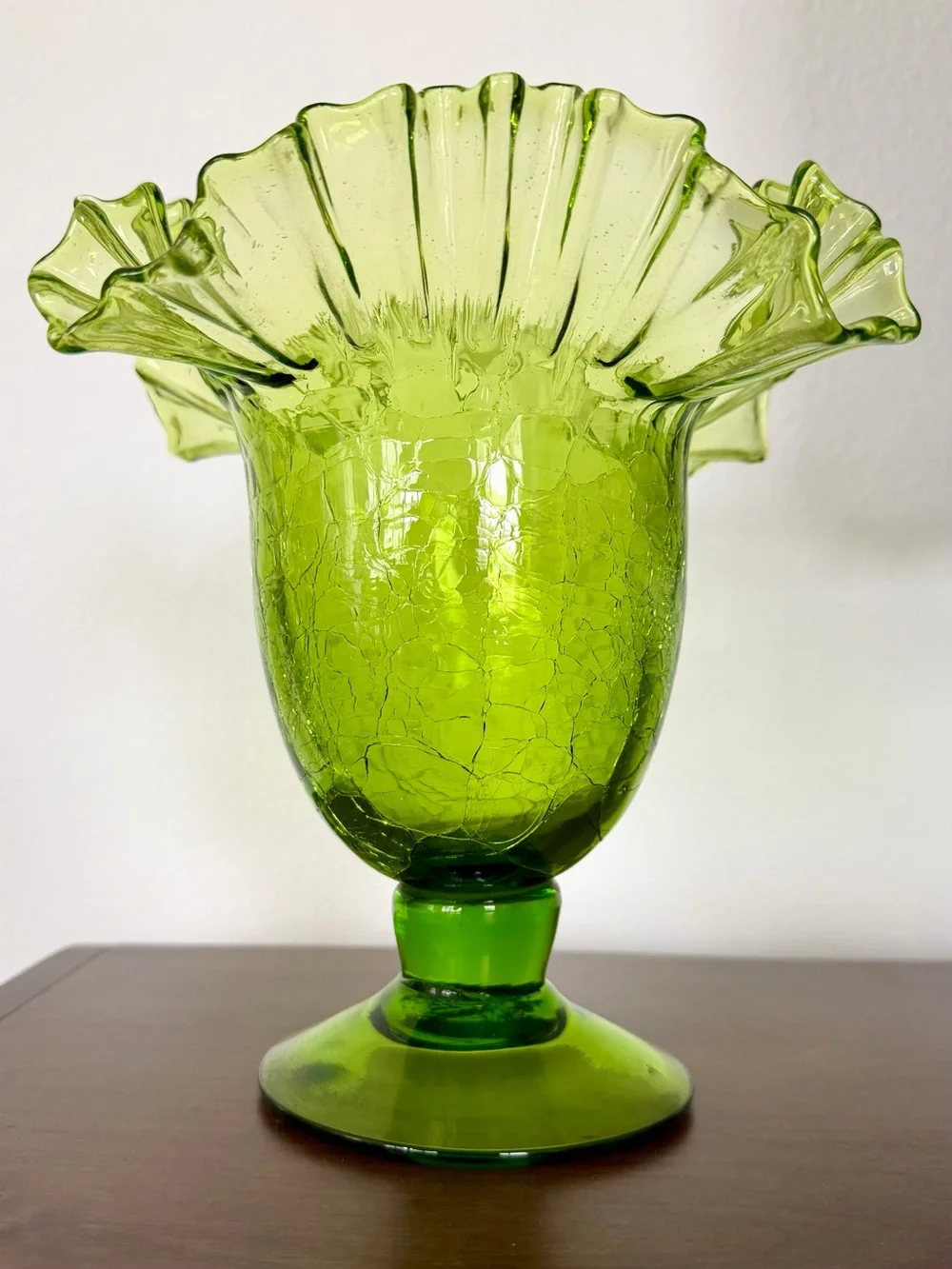 Mid-Century Vintage Blenko Art Crackle Glass Pedestal Vase Green